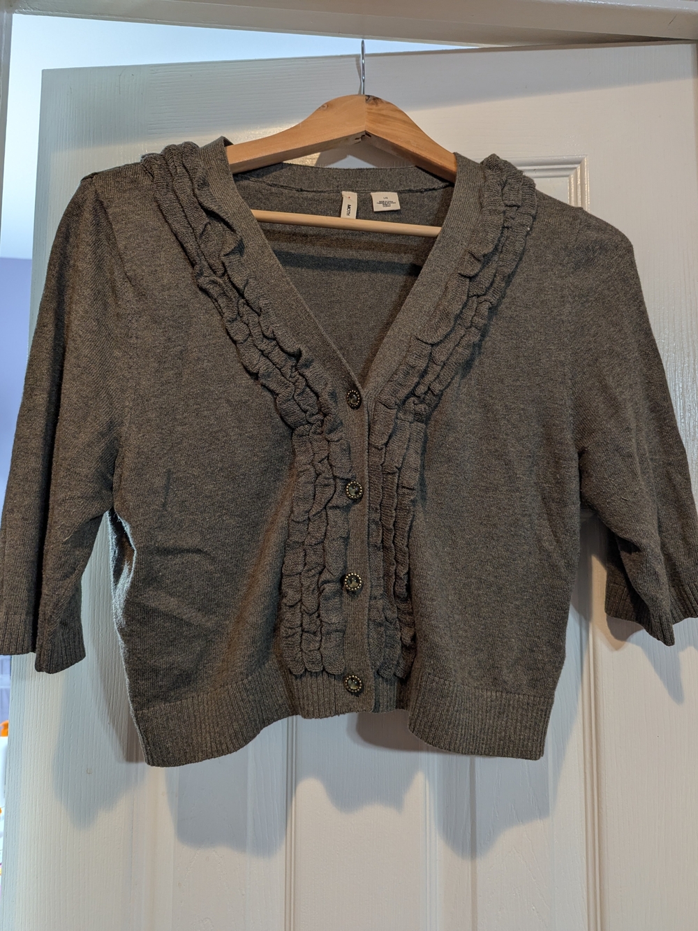Moth Gray Ruffle-Trim Button Cardigan